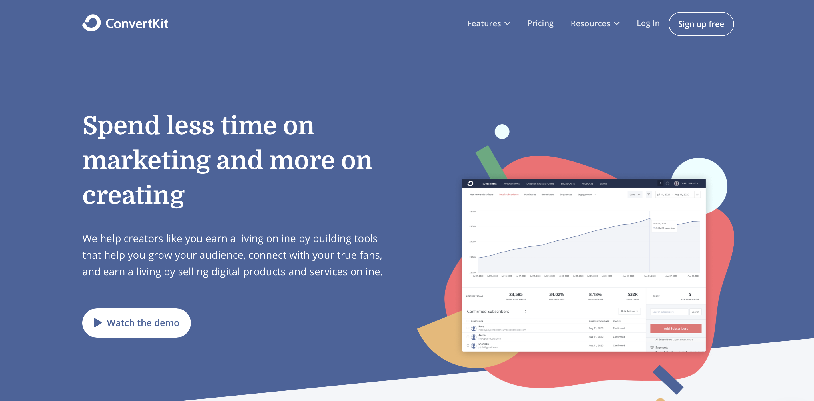 ConvertKit Features Overview Hero Section Screenshot
