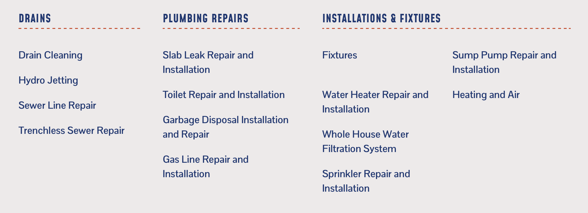plumbing website service page menu